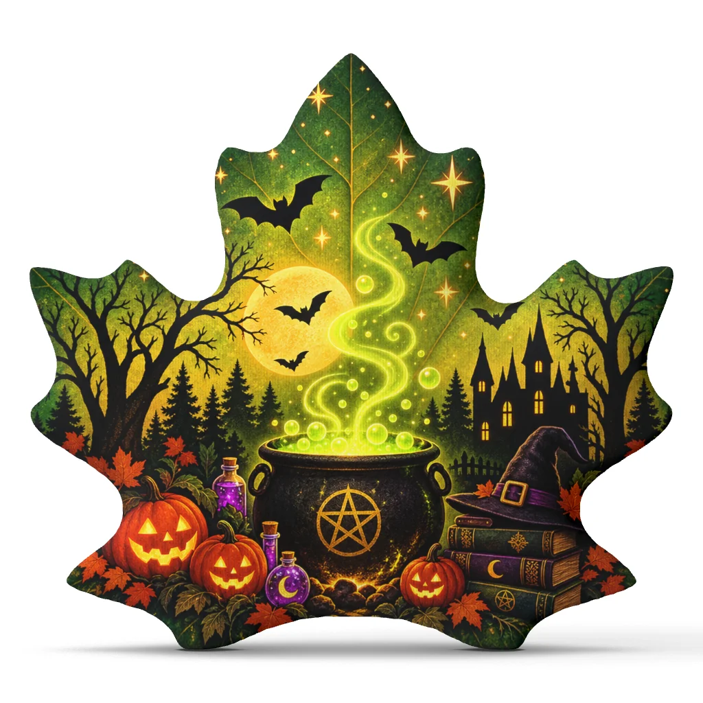 Halloween Witchcraft Cauldron Throw Pillow Gothic Magic Cushion Maple Leaf Shaped Stuffed Decorative Pillow Home Decor Gift