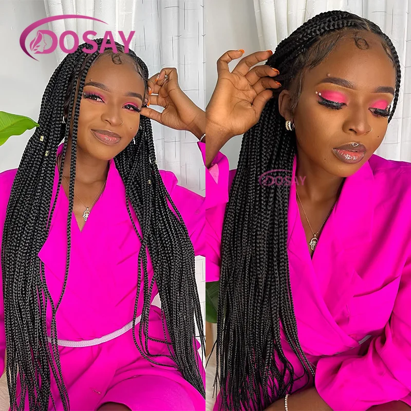 

36-дюймовые синтетические кружевные плетеные парики для чернокожих женщин, косички без узлов, кружевной фронтальный парик с детскими волосами, кружевные парики HD