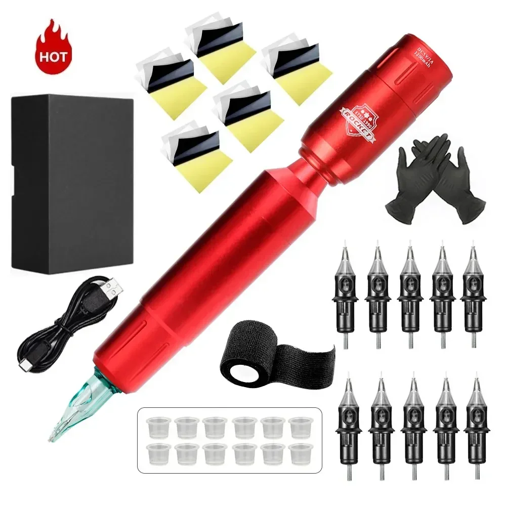 Complete Rotary Tattoo Machine Kit Quiet Motor Pen Permanent Makeup Tattoo Machine Sets with 10pc Cartridge Needles Tattoo Kit