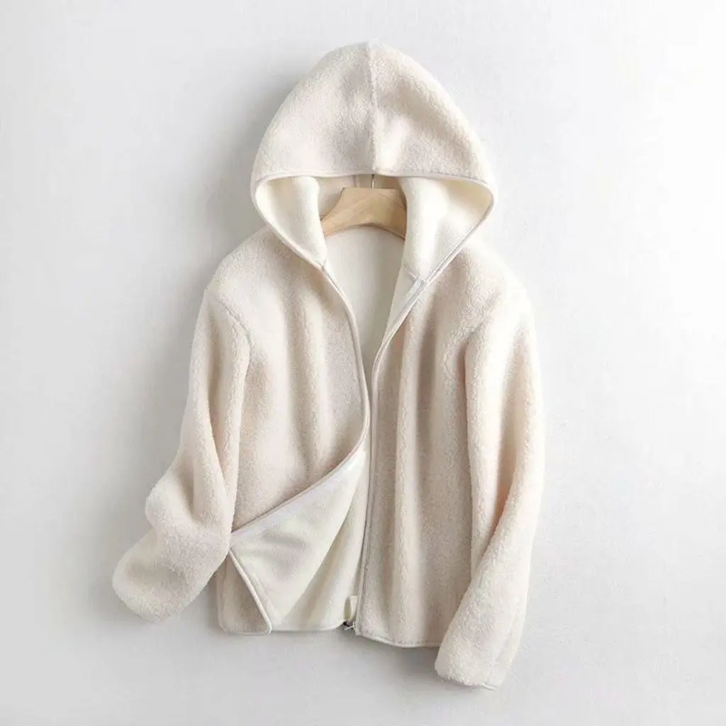 

Women's Warm Loose Lamb Wool Polar Fleece Hooded Jacket Short Zipper Cardigan ZDD-0644