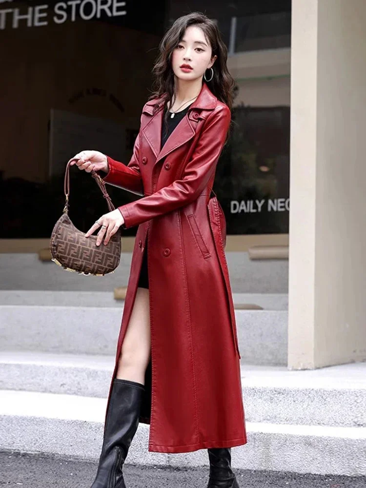 Echte M-7XL Lederjacke Frauen Knie lang 2024 Herbst Winter reine Schaffell weichen Trenchcoat weibliche elegante Leder Kleidung