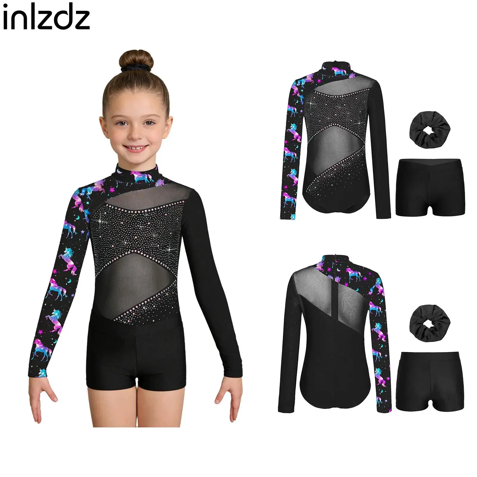 

Children Gymnastics Figure Skating Ballet Dance Outfit Girls Long Sleeve Rhinestones Mesh Leotard+Shorts+Hairband 3-piece Set