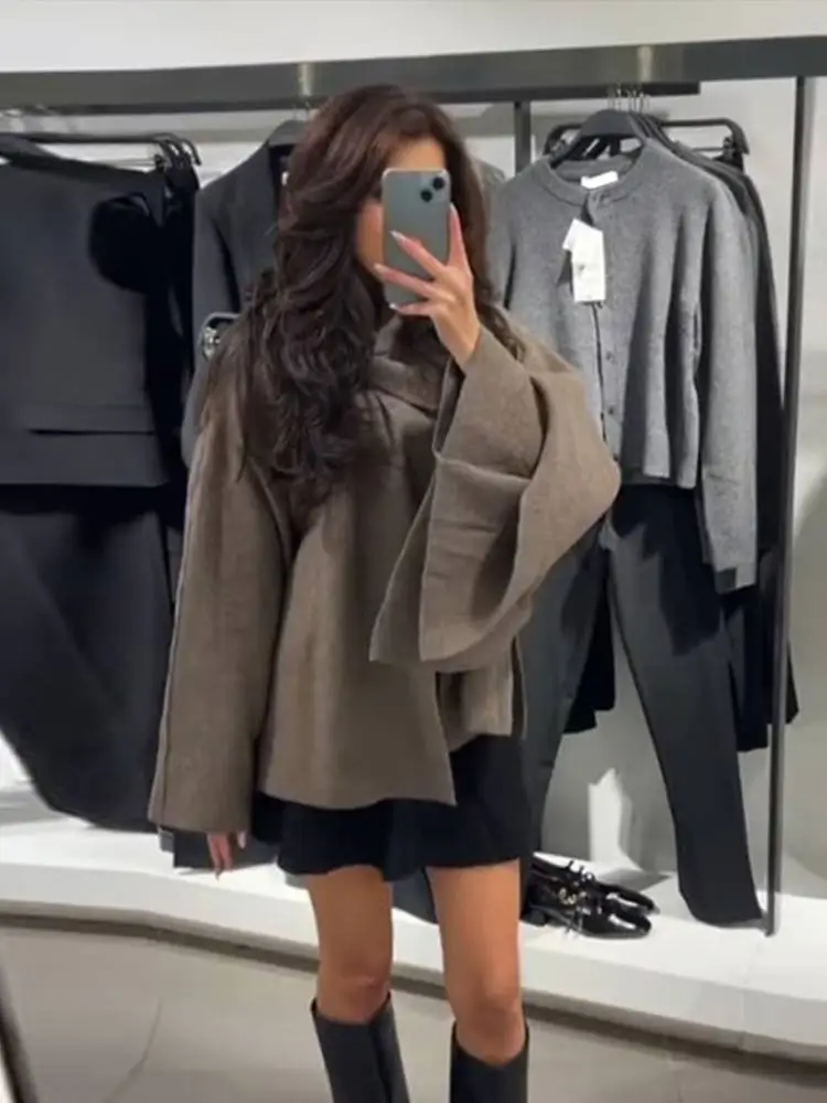 Women's Asymmetric Scarf Collar Woolen Cape Jacket Casual Patchwork Side Slit Solid Loose Coat 2024 New Female Chic Outerwear