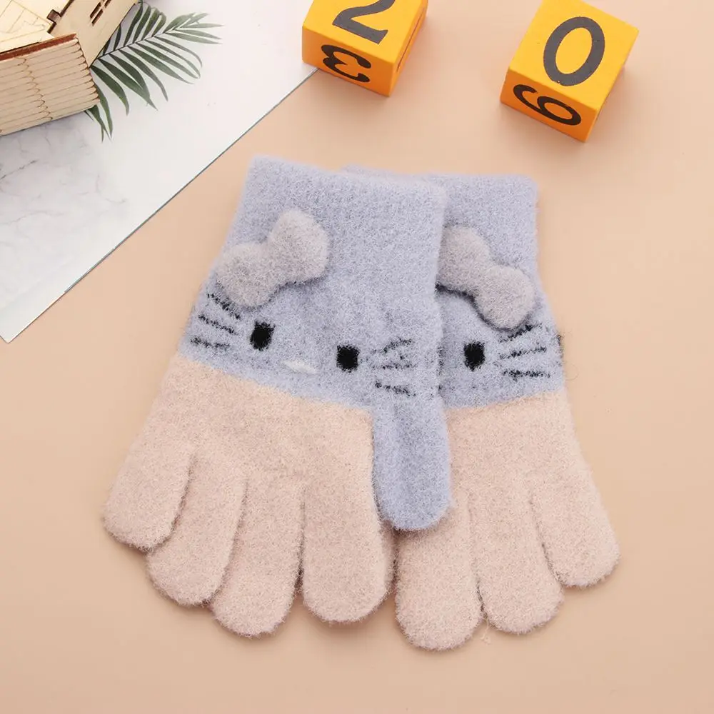 Guantes para niños con diseño de gato bonito, guantes tejidos con dedos completos, manoplas cálidas de invierno para niños y niñas de 4 a 10 años