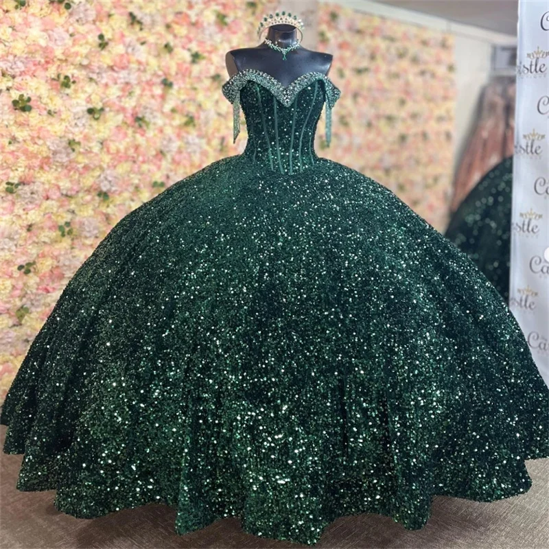 

Shiny Green Sequin Dresses Charro Off Shoulders Tassle Beaded Vestidos 15 Anos Quinceanera Shine Pageant Birthday Party Gowns