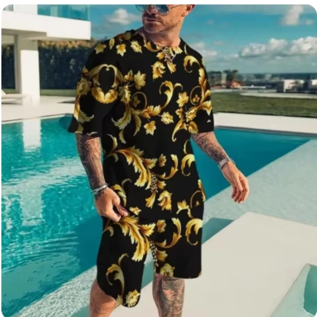 Summer New Men\'s T-shirt Set Baroque Style Gold Flower 3D Printed Tee Short Shorts Set Street Casual Vintage Tracksuit 2pcs Suit