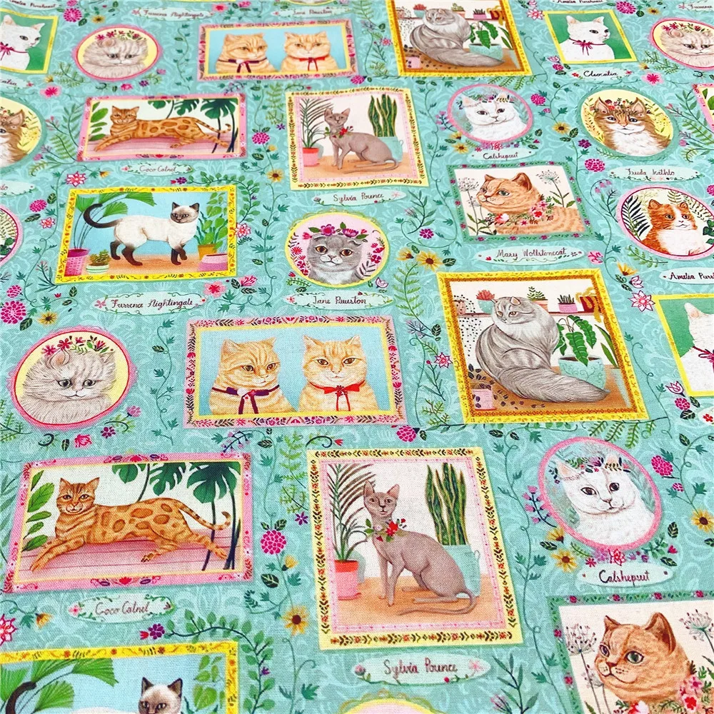 Vintage cute Floral cat  Photo Frame Cotton Fabric Kitten Printed Cloth Sewing Quilting Fabrics For Patchwork DIY Materials