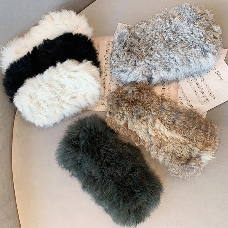 Rabbit Fur Hat Chic Winter Headband For Women Retro Wide Brim Warm Plush Headwear Winter Outdoor Hairband Fashion Hair Accessory