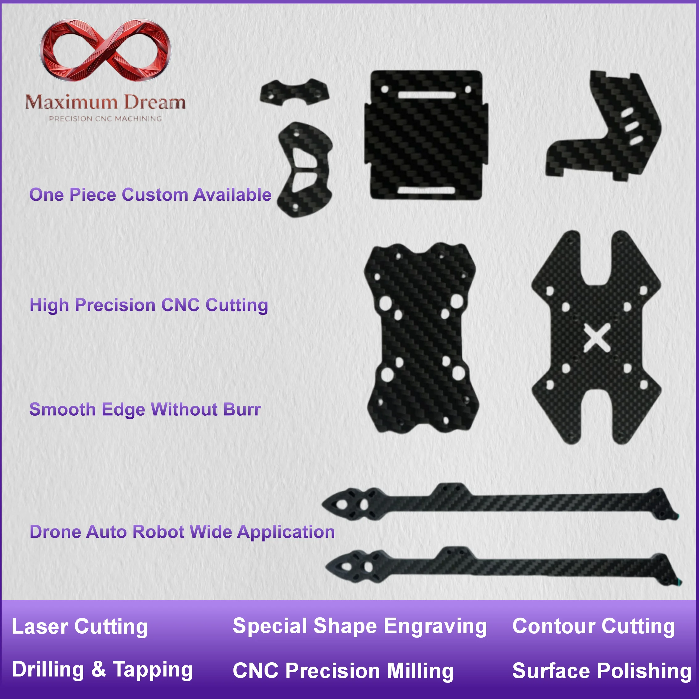 Custom CNC Cut Carbon Fiber Plate Sheet Precision Drilled Holes Panel for UAV Drone RC Car Chassis MOQ 1pc