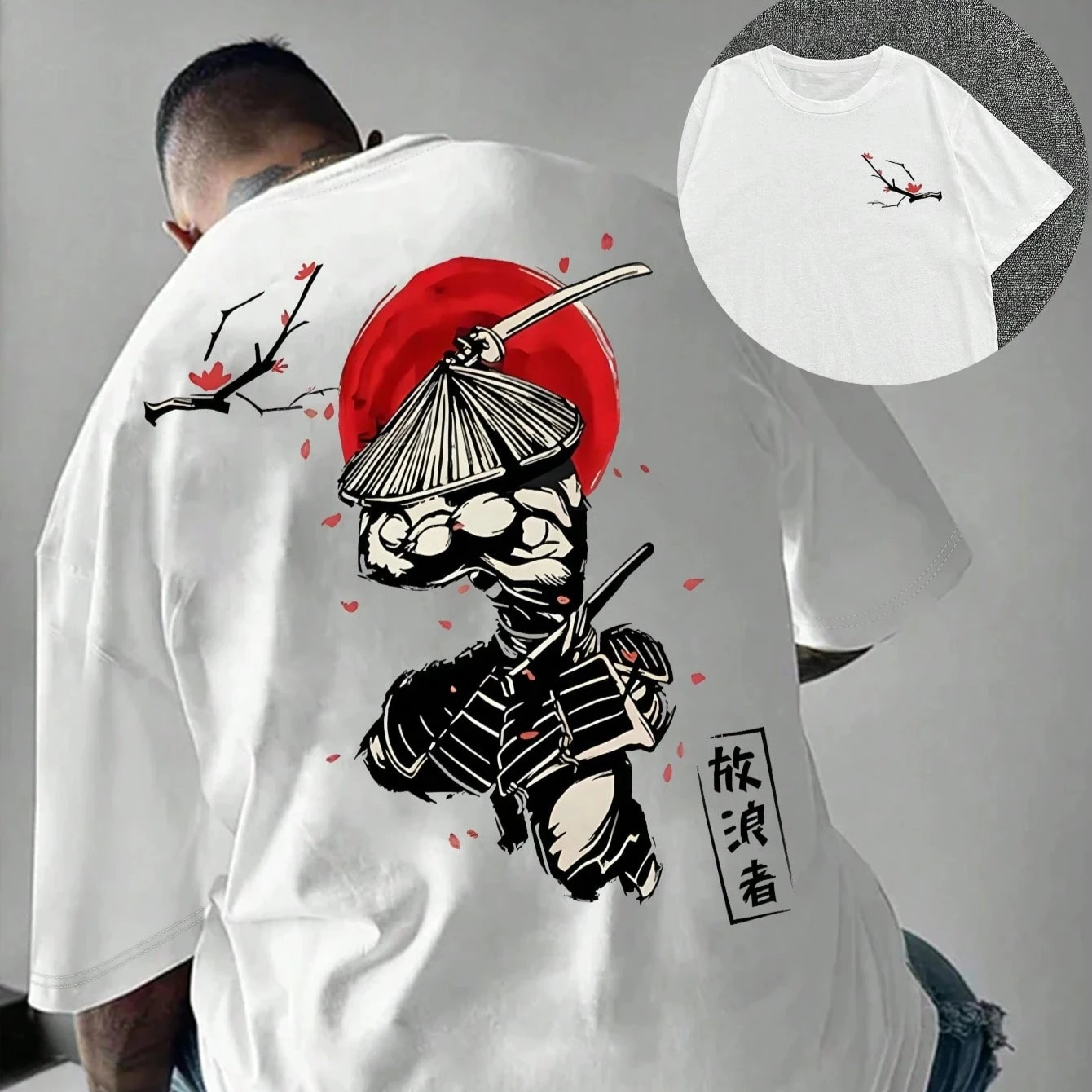 Japanese Samurai Graphic Printed T-Shirt Men Vintage Cherry Blossom Katana Oversized Streetwear Loose Casual Tops Tee