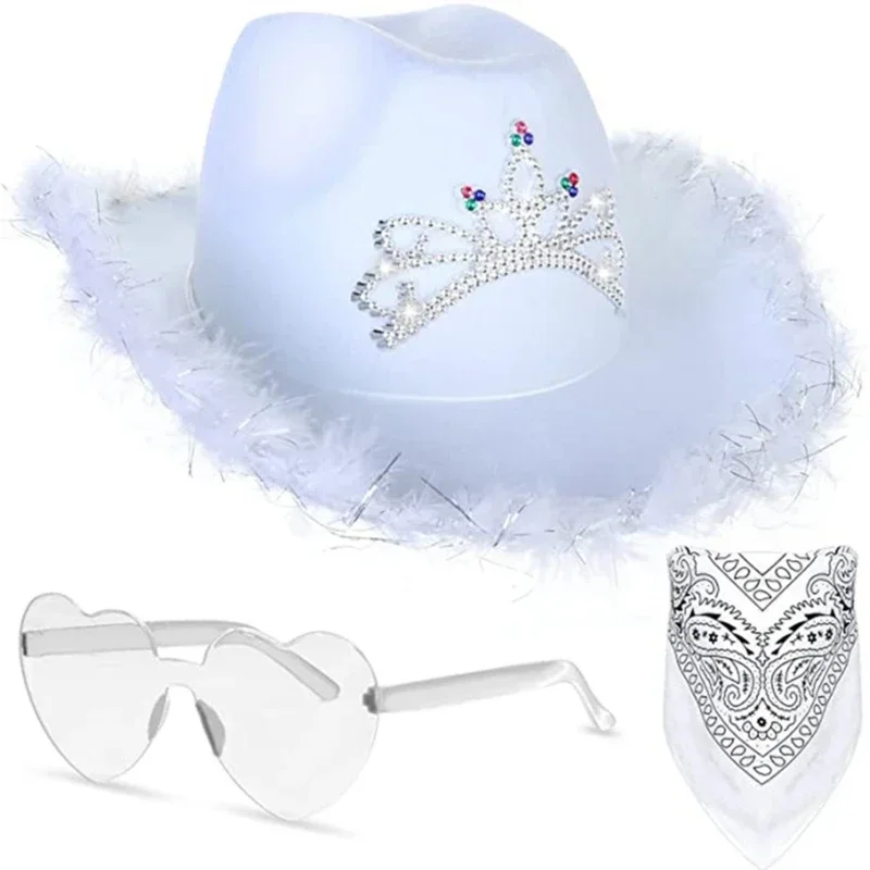 Halloween Women Western Pink Cowgirl Fluffy Cowboy Glitter Hat Carnival Costume Accessory for Party Wear Hat Set