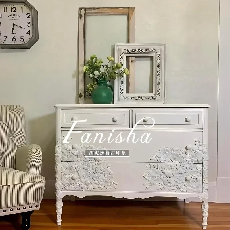 French retro solid wood carving flower bucket cabinet American rural antique white porch cabinet