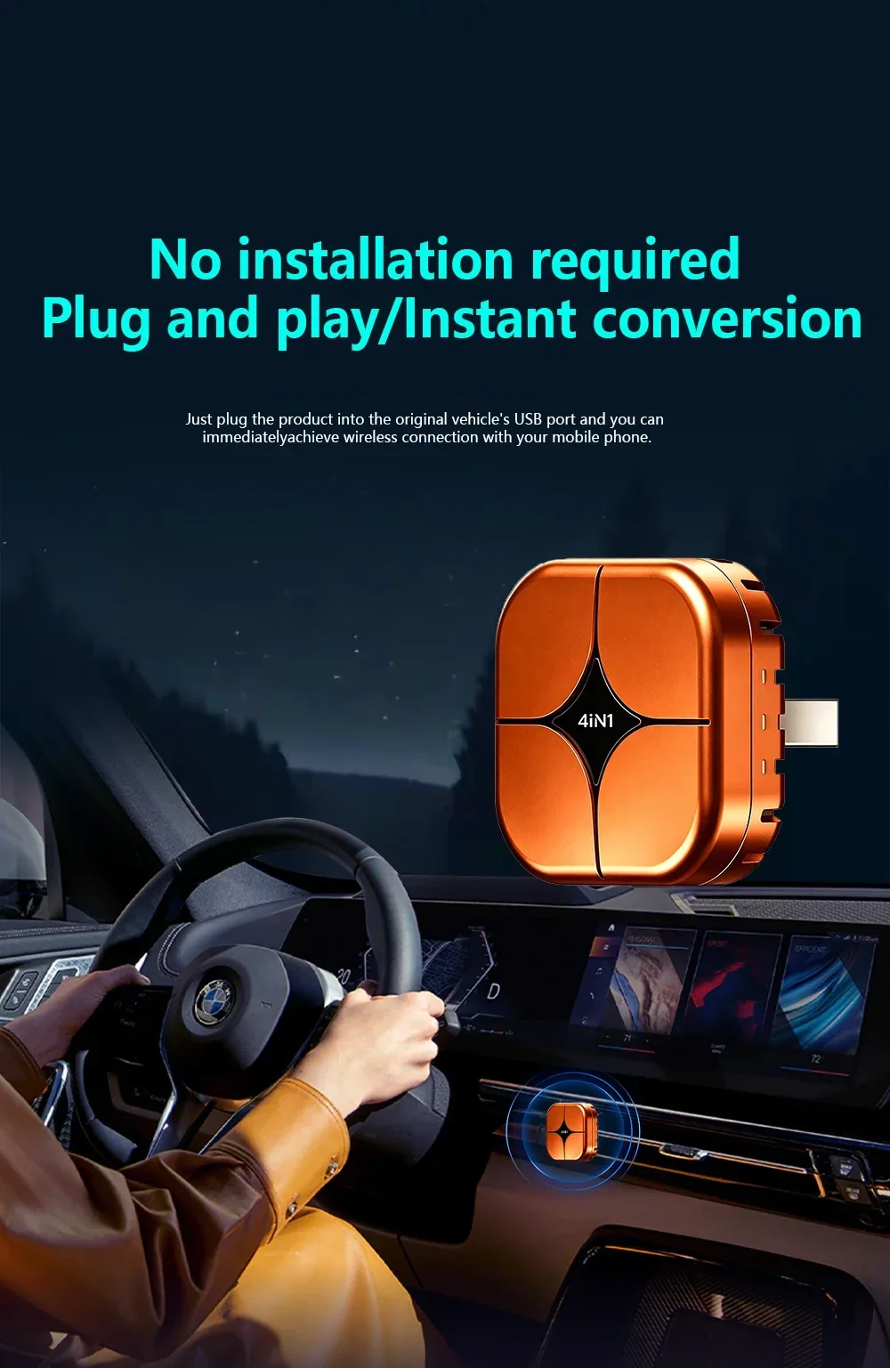 Upgrade 4-in-1 Carplay Smart Dongle Kabelloses Android Auto Mirror Link USB Plug-and-Play Automatische Verbindung WLAN für Apple und Android – Detail 8