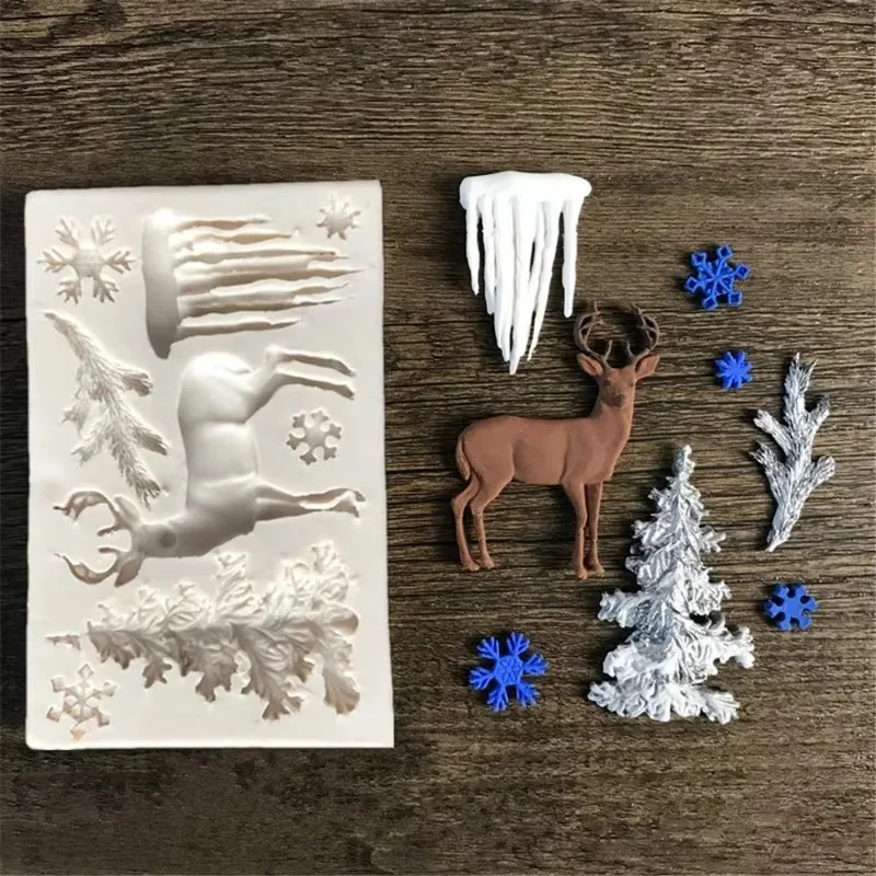 Silicone Fondant Mould with Christmas Tree, Elk, Snowflake & Icicle, Multi-use Mold for Chocolate Epoxy Resin Clay