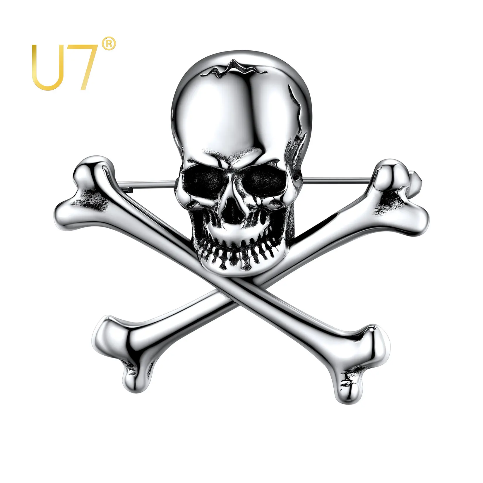 U7 Gothic Punk Criss Skull Brooches Stainless Steel Vintage Halloween Party Brooch Pin