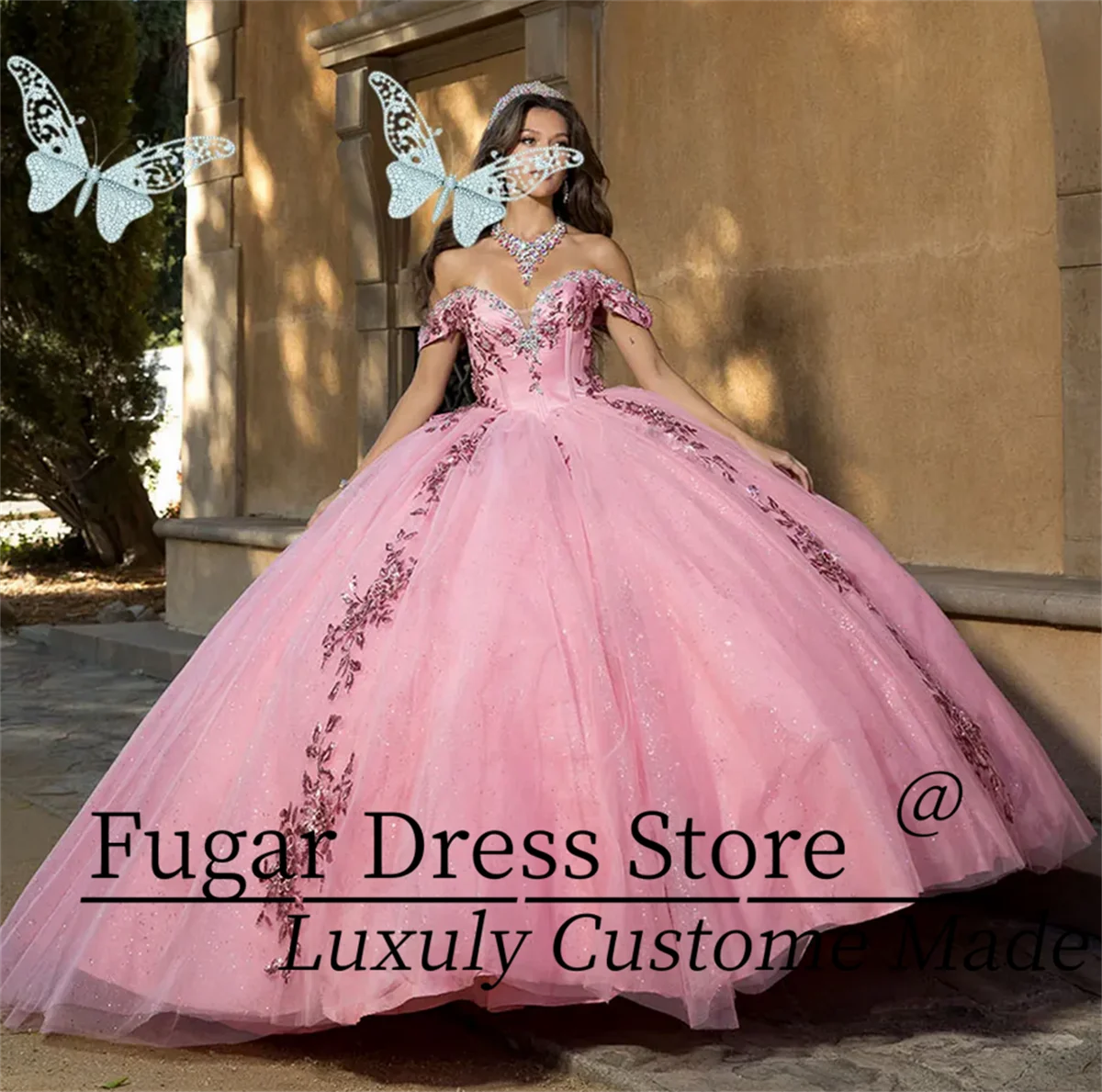 

Розовые платья Quinceanera с 3D аппликациями и кружевными бусинами, платье для выпускного вечера, многоуровневое платье Vestidos De 15, вечерние бальные платья принцессы с цветочным принтом
