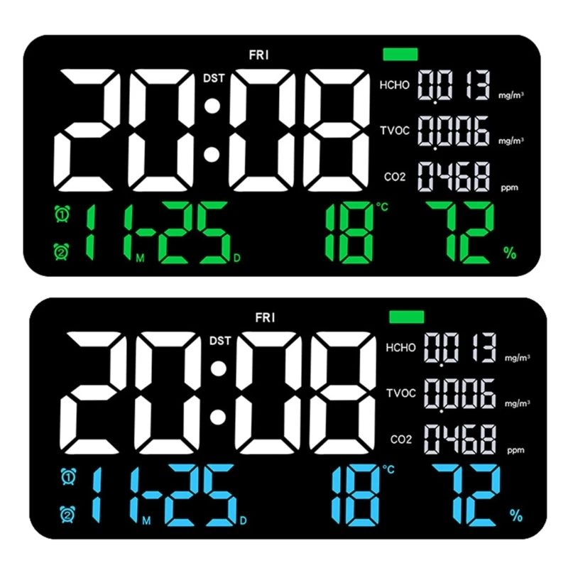 Elegant Digital Wall Clock with Air Quality Sensors, Detects Formaldehyde, Features Temperature & Humiditys