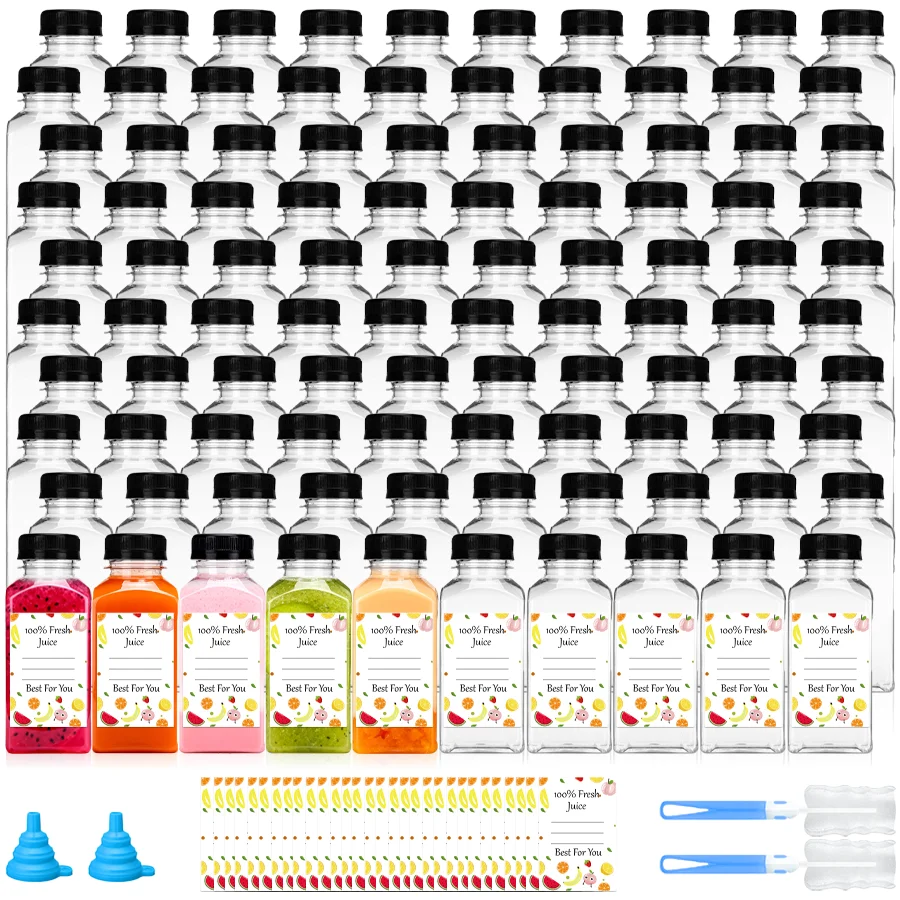 

100pcs 8oz Durable Reusable Plastic bottles with Lids, Straws & Cleaning Brush. Easy to clean, essential drinkware for office, b