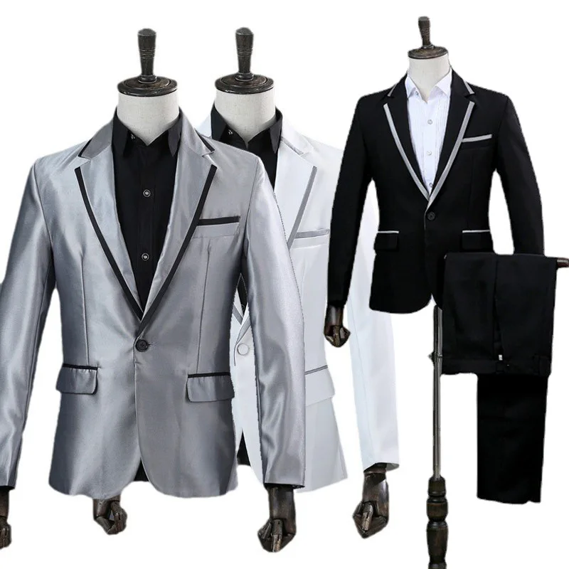 

Men's Dance Suit Casual Performance Long Sleeve Stage Singer Black White Gold Silver Photo Dress Suit Men