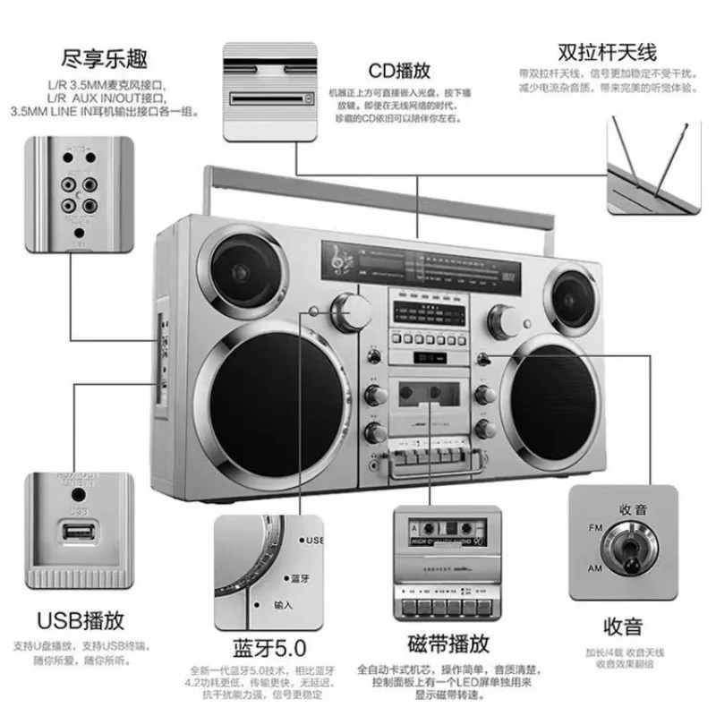 Vintage Fm Radio Bluetooth Speaker Wireless Tape Recorder Cd Player All In One Audio Player For Home Desktop Music Playback