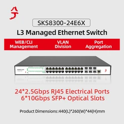 XikeStor 30 Port 10G L3 Managed Fan Switch 24 2.5G RJ45 & 6 10G SFP+ Ports QoS Port Aggregation VLAN Division WEB/CLI Management