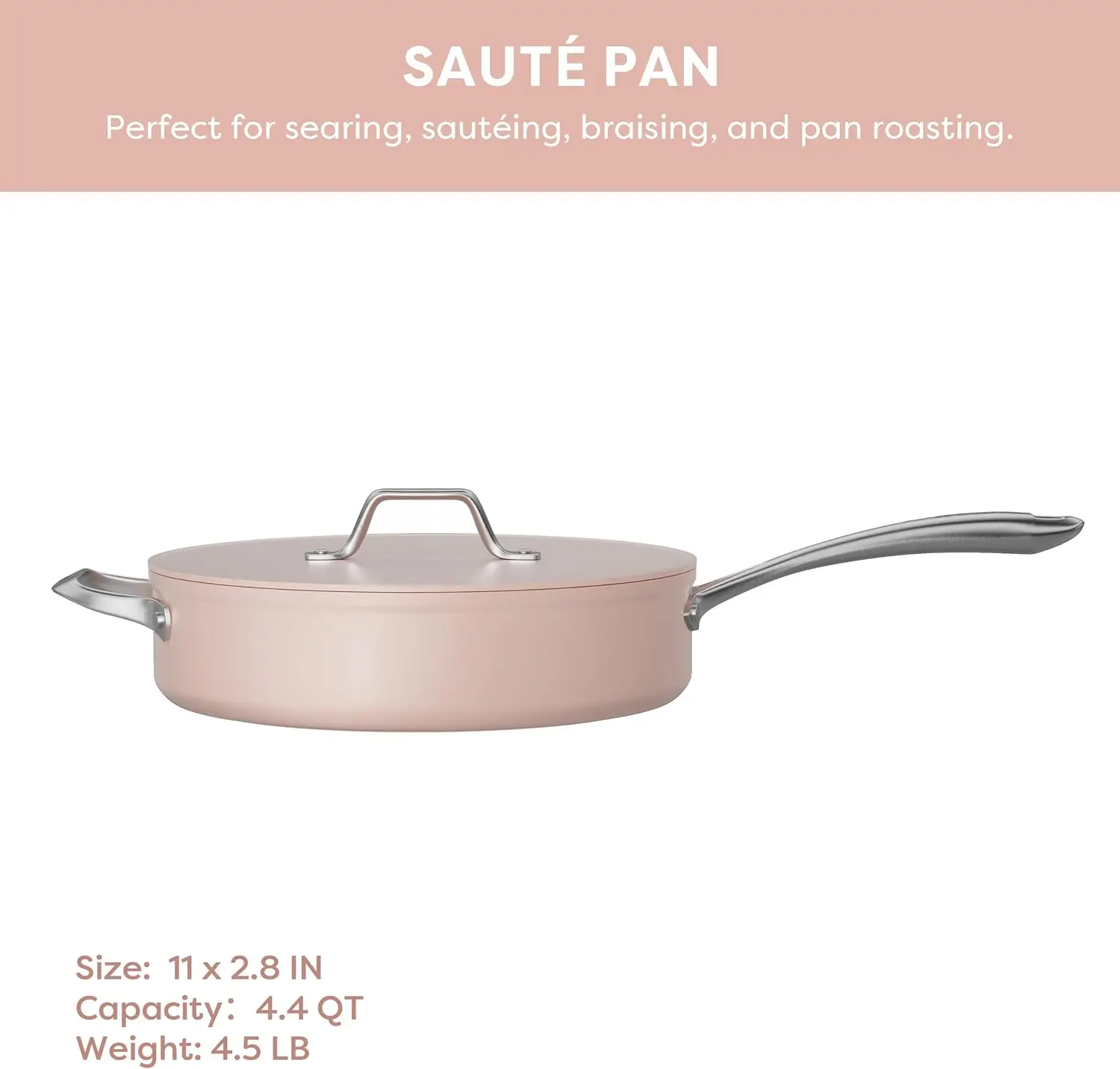 Nonstick Saute Pan, 4.4 QT Ceramic Saute Pan with Lid, Non Toxic Deep Frying Pan, PTFE & PFOA Free, Oven Safe & Compatibl