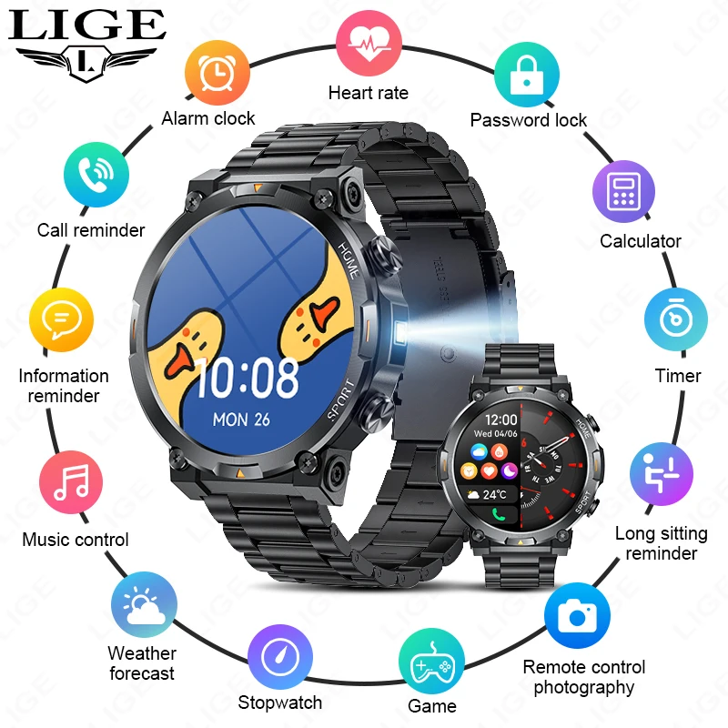 

LIGE Smartwtach Мужские 1,43-дюймовый AMOLED-экран Мужские часы Мониторинг здоровья Спортивный светодиодный фонарик Смарт-часы Bluetooth Часы для вызова