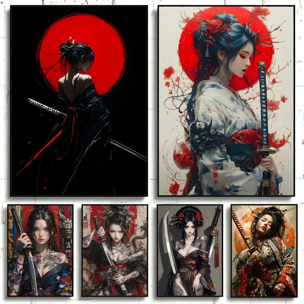 Art Sexy Japanese Samurai Poster Self-adhesive Art Waterproof Paper Sticker Coffee House Bar Room Wall Decor