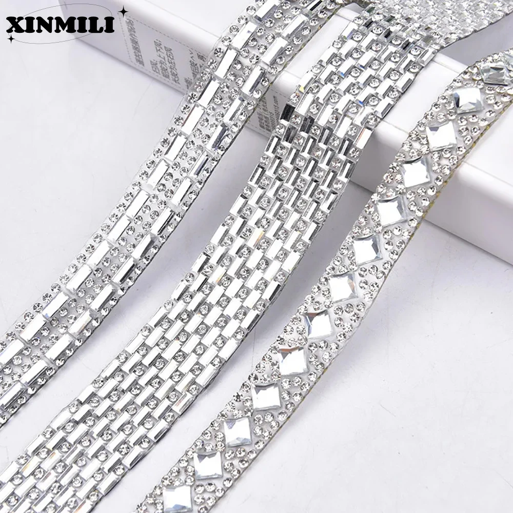 2 Yard Multiple Hot Fix Rhinestone Trim Clear Crystal Ribbon Strass Chain Tape Fabric Applique Banding For Wedding Dress Clothes