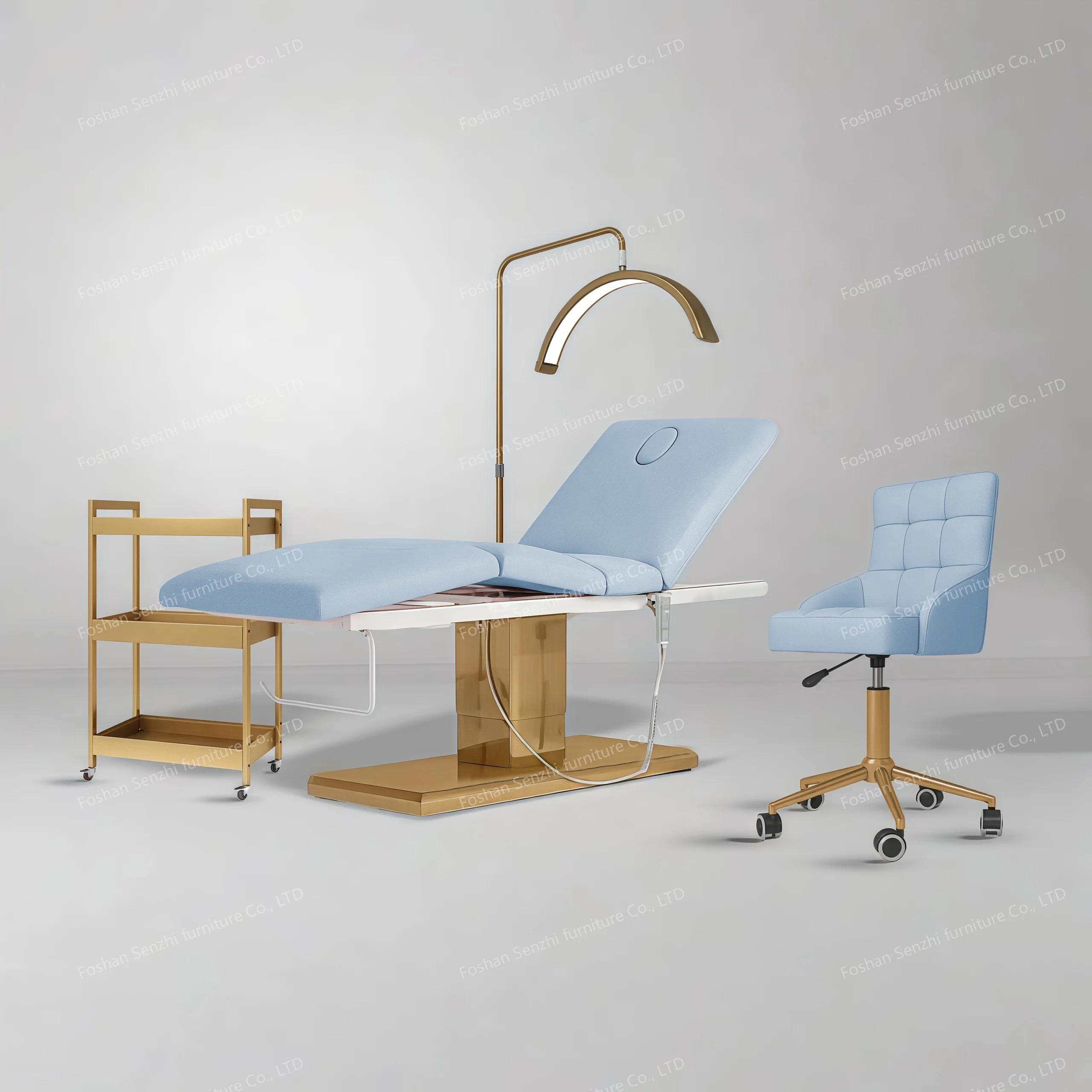 

Роскошный комплект мебели для салона розового золота, 3-моторная кровать для ресниц, массажная кровать, кровать для лица с лампой