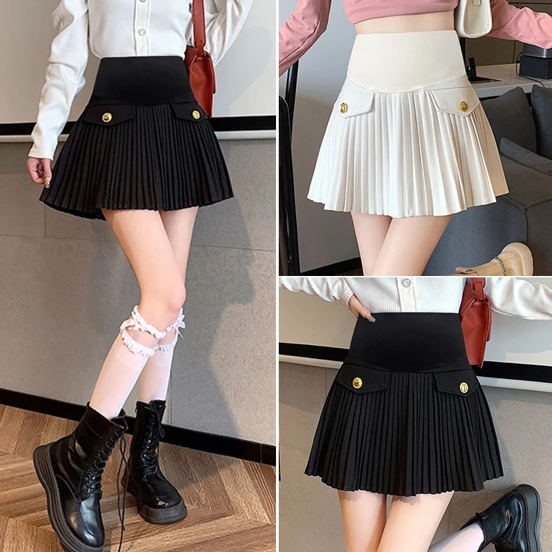 Autumn Winter High Quality Pleated Woolen Skirts for Maternity Hot A Line Min Elastic Waist Belly for Pregnant Women Pregnancy