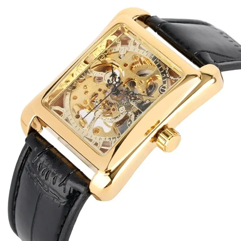 Luxury Brand VintageSkeleton Hand Wind Mens Mechanical Wrist Watches Square Case Wristwatch Analog Nice Gift