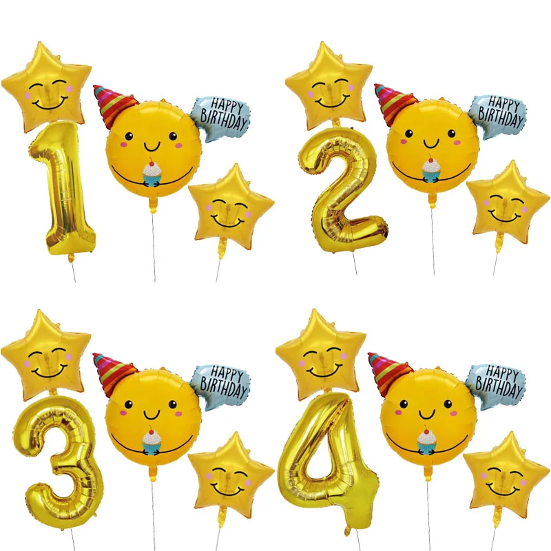 4pcs Smile Face Happy Birthday Balloon Set 18Inth Yellow Smile Pentagram Child's Birthday Party Decor Baby Shower Supplies