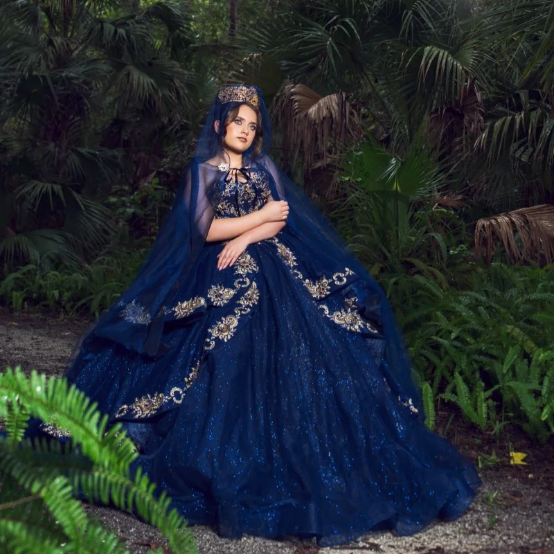 

Dark Blue Quinceanera Dresses Off the Shoulder Glitter Decal 3D Flower Layering Long tail Bow Vestidoe 15 Quinceanera Customize