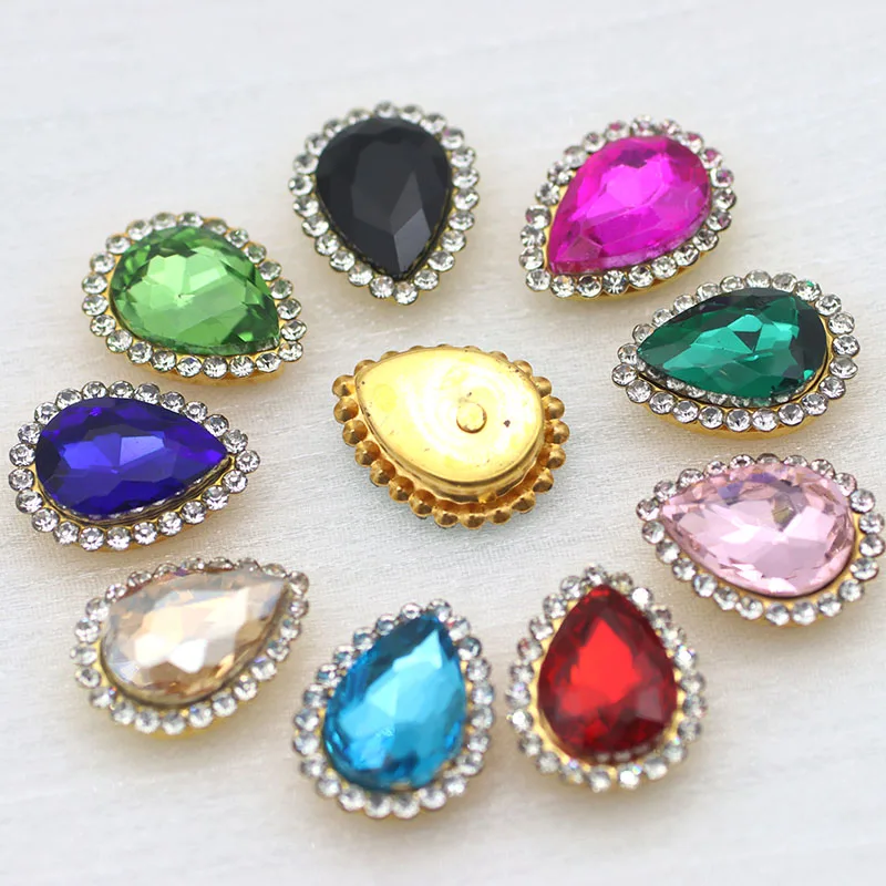 15pcs Mix Color Water Drop Sew On Rhinestone With Gold Claw Glass Crystal Strass For Clothes on Dance Dress Darments Decoration