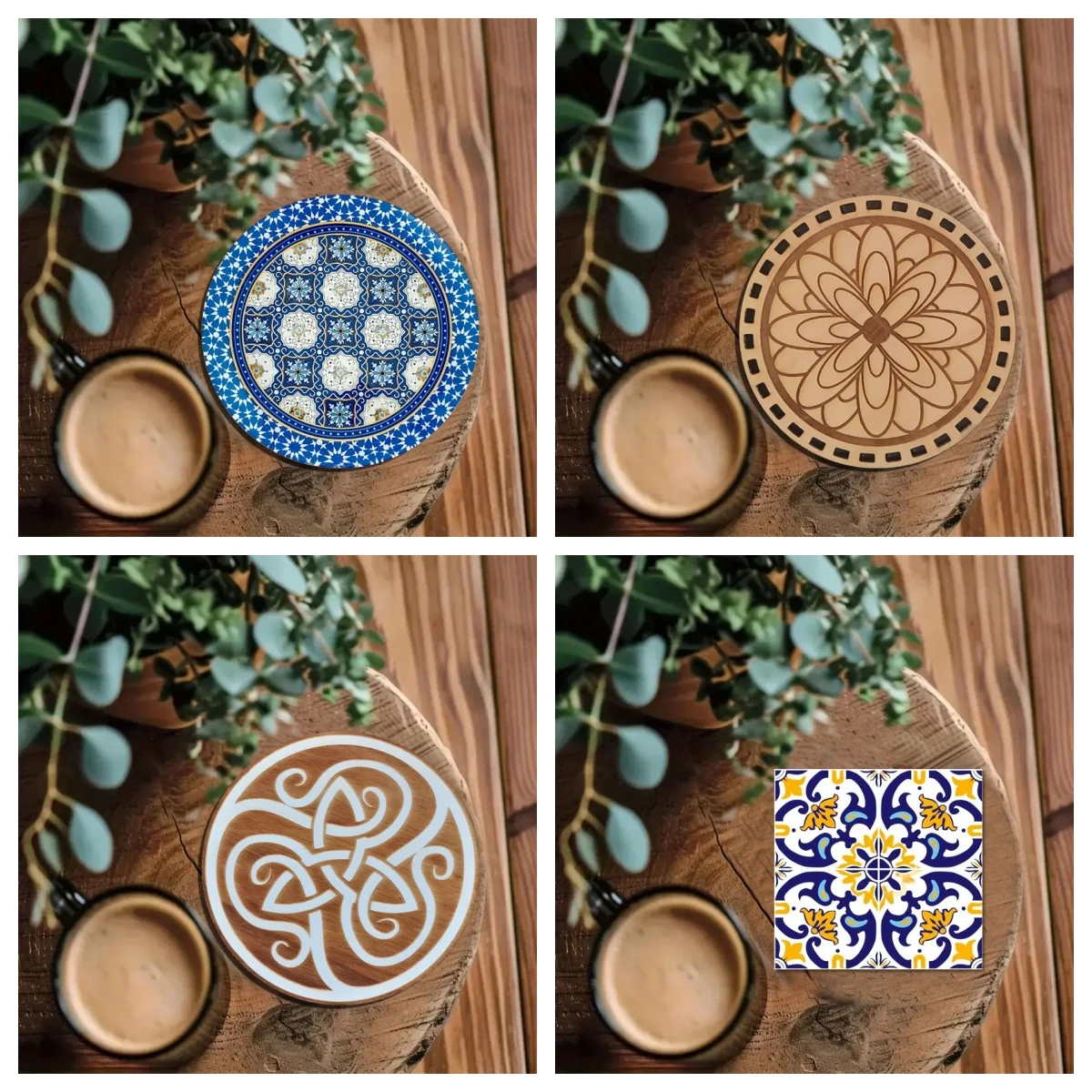 A set of 4-piece mandala floral pattern art coasters, anti-slip wooden coasters, suitable for living room use