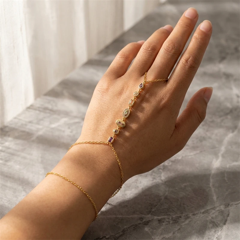 Pulseras de Anillo de Dedo de Acero Inoxidable con Zirconia de Colores y Diamantes de Imitación para Mujer, Pulsera de Cadena de Eslabones Hecha a Mano, Joyería para Fiesta