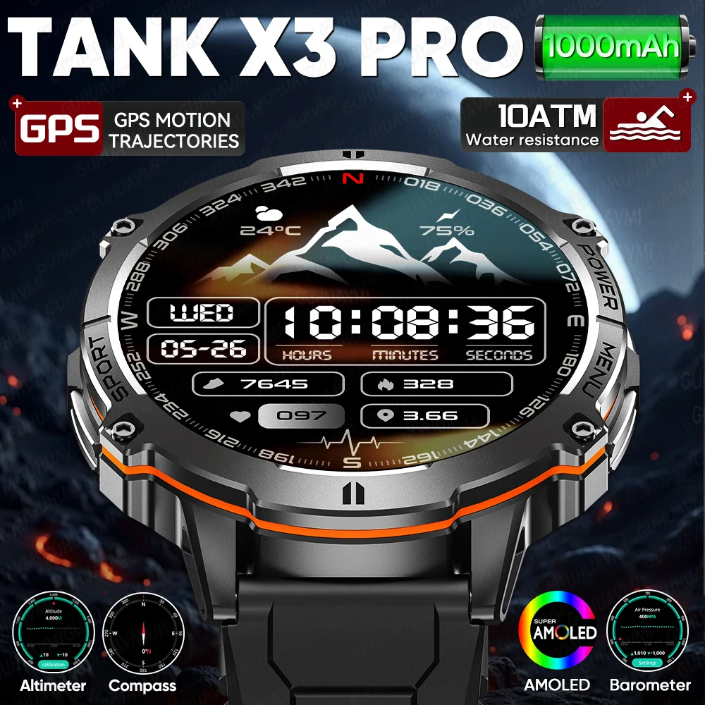2026 New Military TANK X3 1000mAh Battery Smart Watch Men 10ATM Waterproof Swim GPS Path 1.75