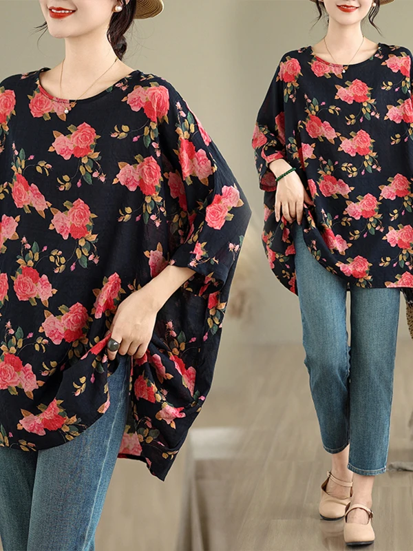 

Loose Cotton Linen T-irt Batwing Sve round Ne Printed Slimming Artistic Sle Summer New Arrival plus Size Women's Top
