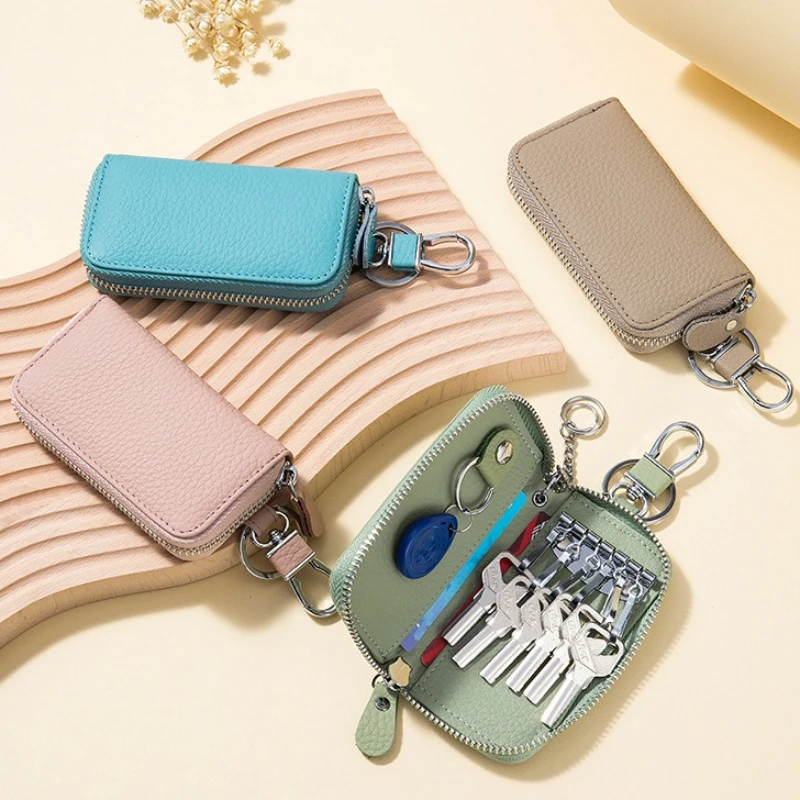 Genuine Leather Multi Keys Organizer Zipper Key Case with 6 Metal Keyrings,Portable Key Storage Pouch for Car Key Fob Storage
