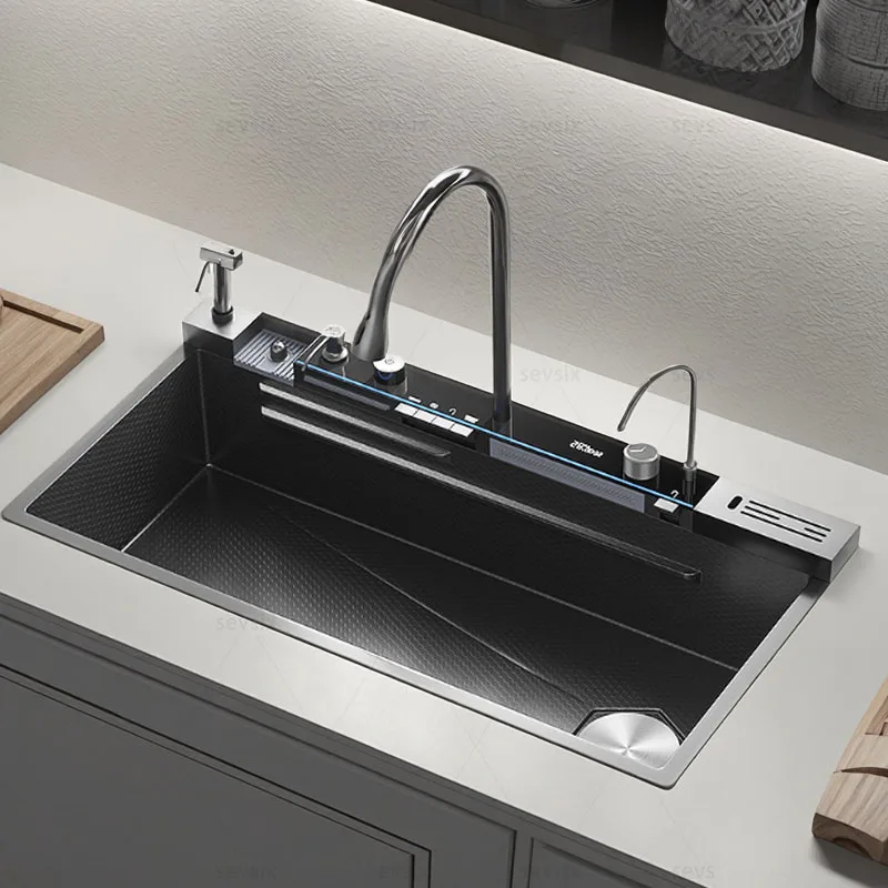 

Stainless Steel Waterfall Hot selling Kitchen Sink With Knife Holder Digital Display Faucet Set Embossed Extra Large Single Slot
