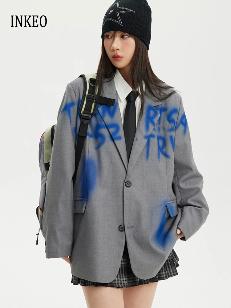 

Stylish High quality Letter printing blazer Women 2025 Autumn Luxury Single breasted jacket Oversize Streetwear INKEO 5O066