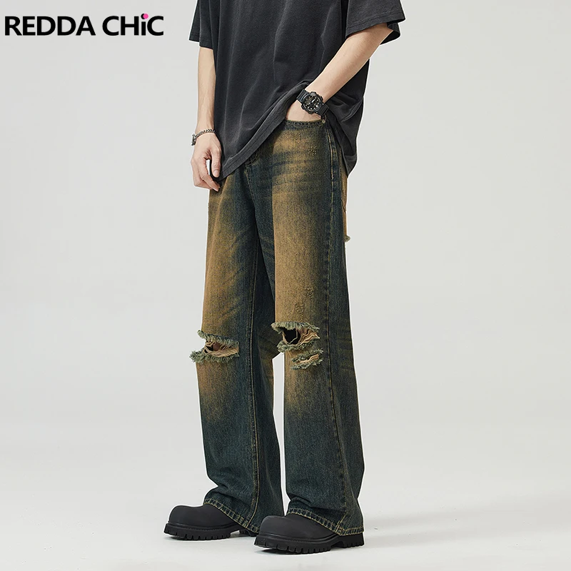 REDDACHIC 90s Retro Green Wash Ripped Baggy Jeans Men Skater Whiskers Torn Destroyed Wide Leg Denim Pants Big Size Male Trousers