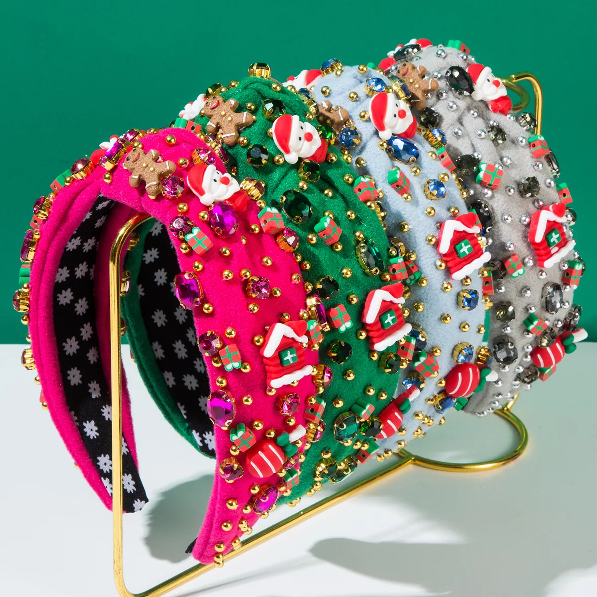 European and American New Style Christmas Fashion Diamond-Studded Hand-Sewn Gold Bead Elder Headband Holiday Hair Accessories