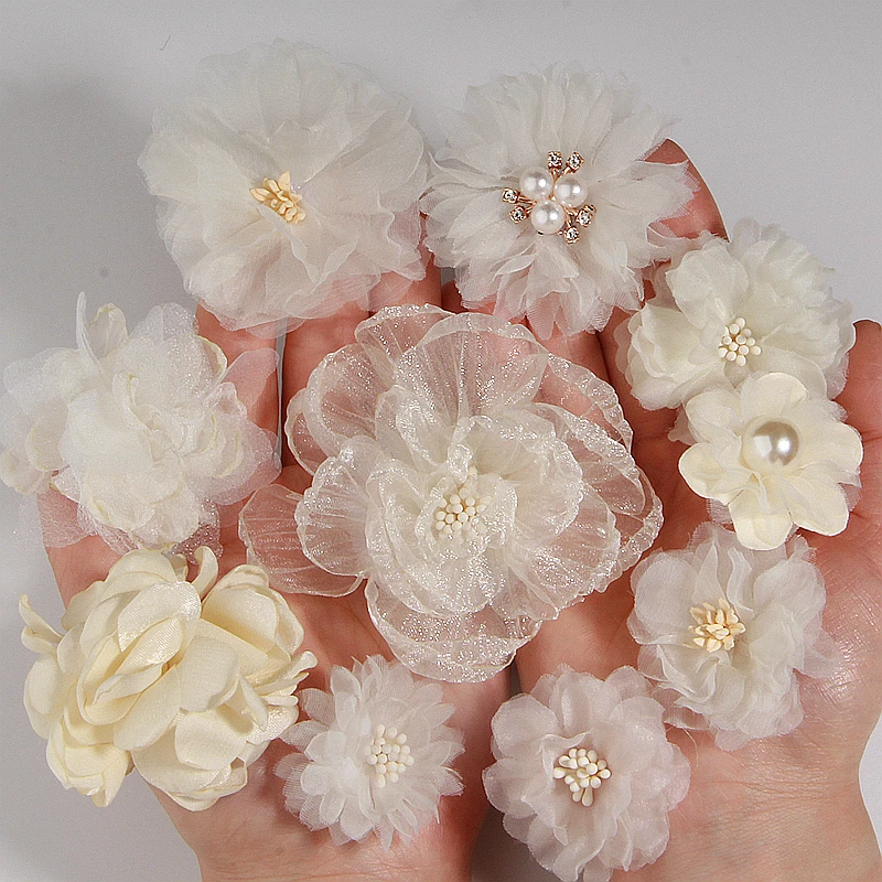 10PCS/Lot Beige Series Mix Styles Set Chiffon Fabric Flowers For Wedding Invitation Artificial Flowers For Dress Hat Decoration