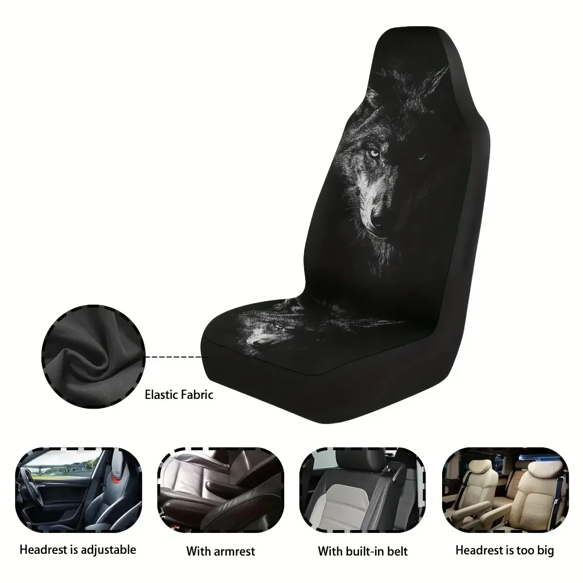 2pcs Seat Covers With Shadowy Wolf Profiles, Universal Car Covers Suitable For Sedans, SUVs And Trucks, Washable And Easy To Ins