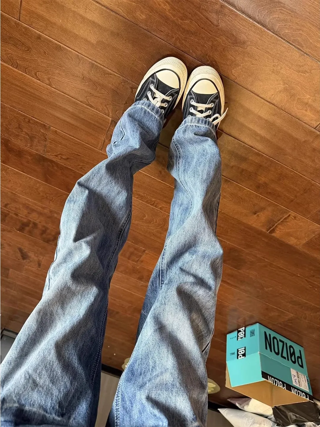

Blue Lightning Pattern Flared Jeans Men's Winter Slim Straight American High Street Vibe Knife Pants Youth Wear
