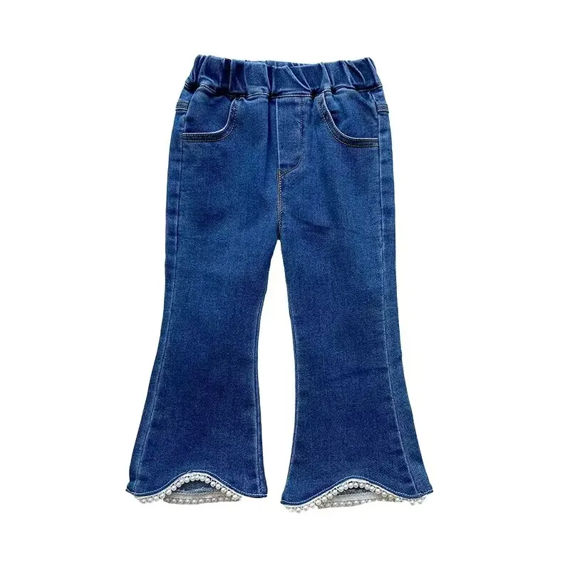 Kids Girls Denim Jeans Pants Spring Autumn Trousers Elastic Waistband Tassel Hem Bell-bottom Style Long Pants 80-130