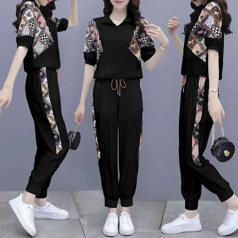 2024 New Korean Summer Fashion Short Sleeve T-shirt and Sports Pants for Women\'s Western Style Age Reducing Casual Two Piece Set