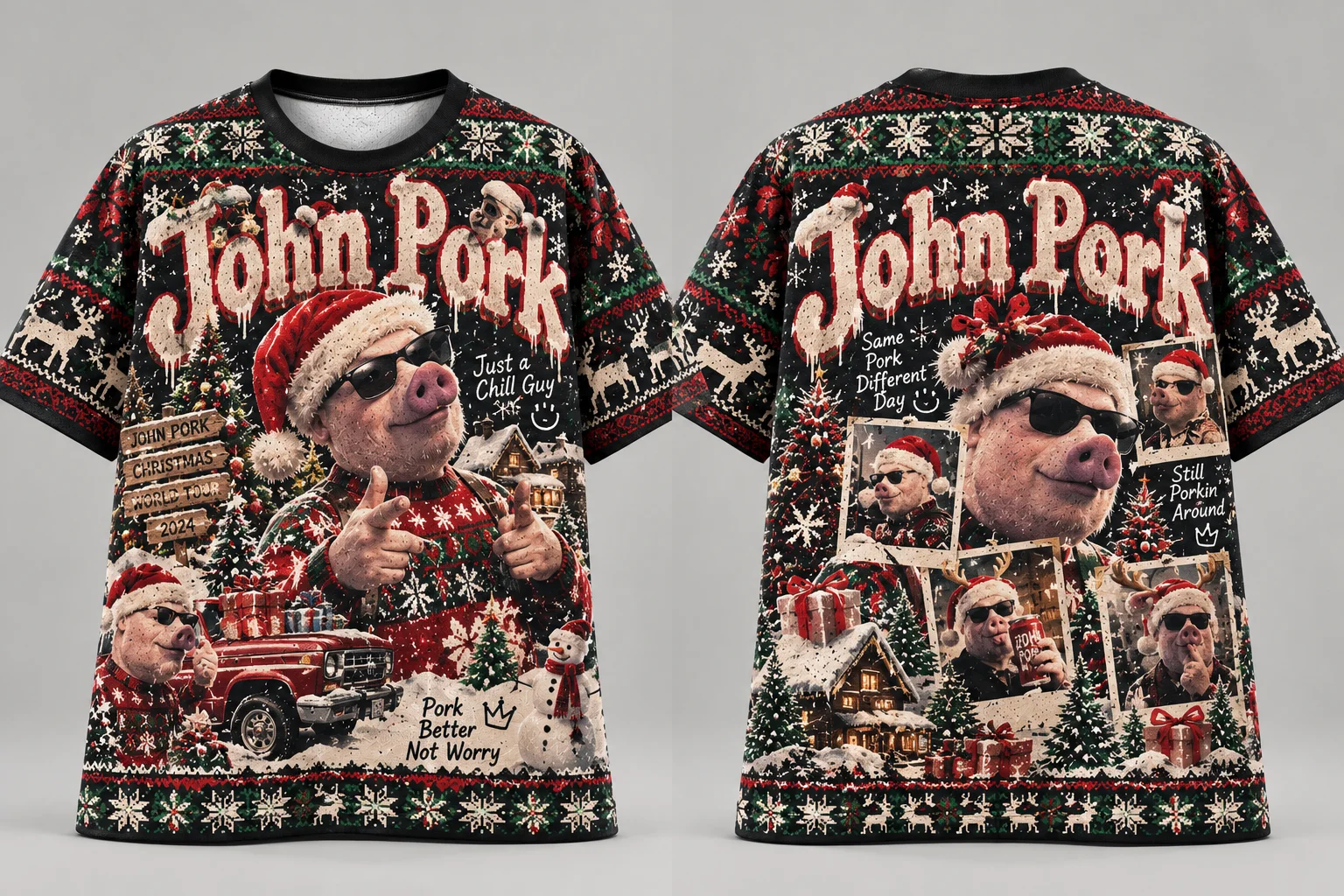 2026 John Pork Christmas Meme Graphic Print Tee, Y2K Xmas Streetwear T‑Shirt, Ugly Sweater Vibe Festive Party Top For Meme Fans
